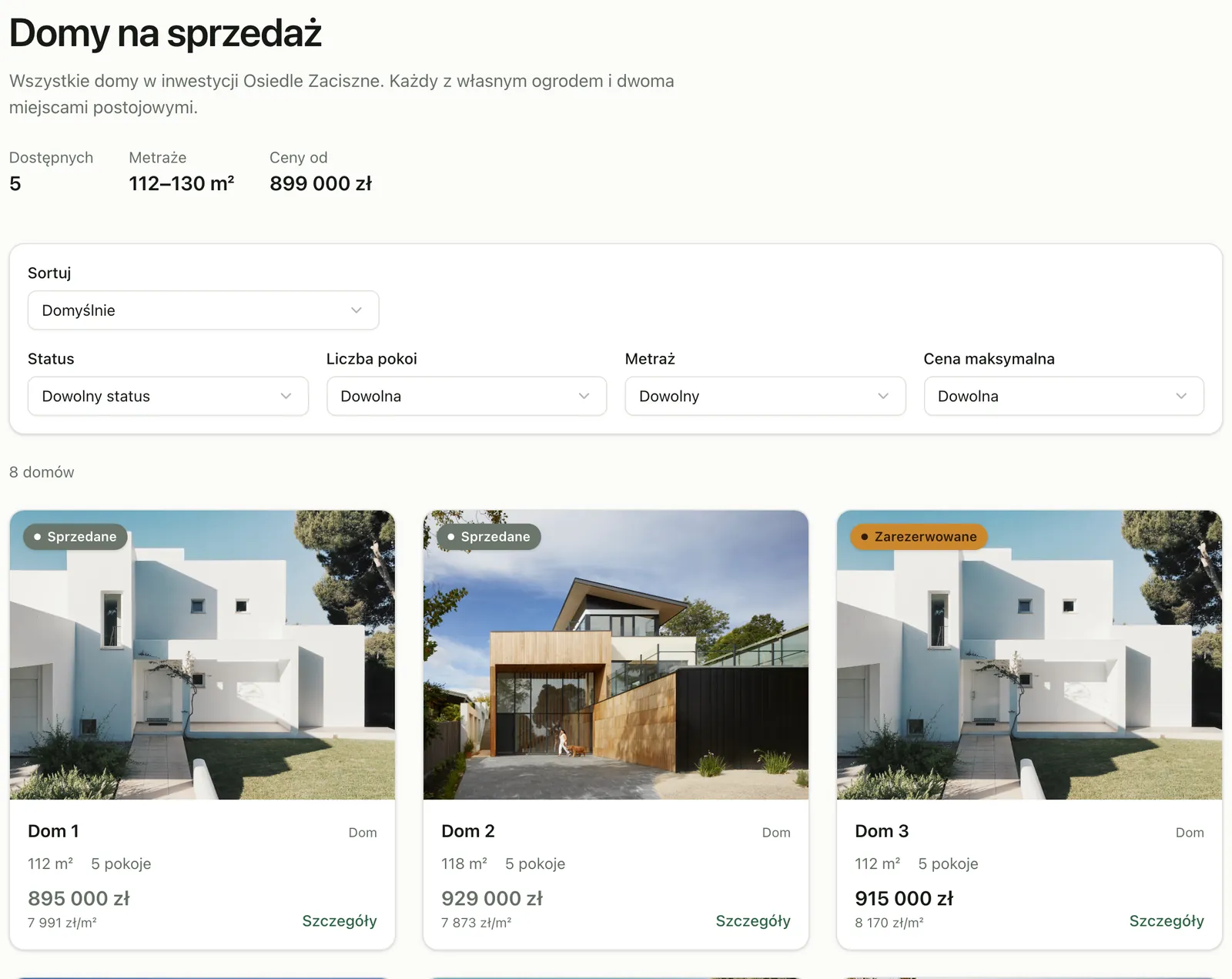 Lista domów na sprzedaż z filtrami statusu, liczby pokoi, metrażu i ceny