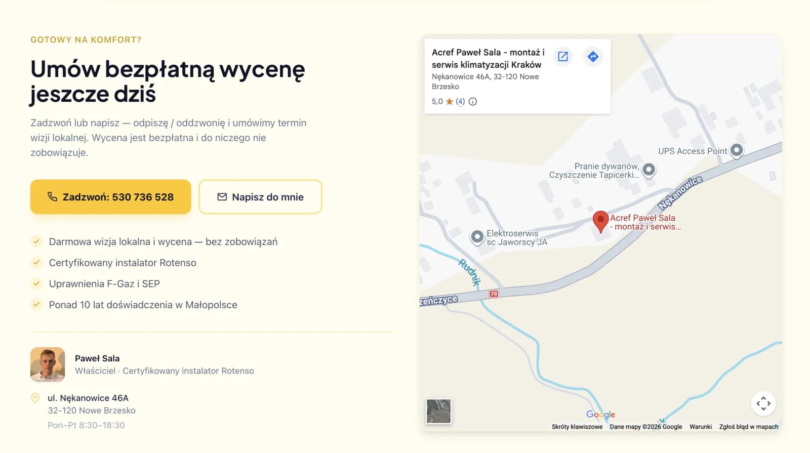 The contact section with a map, the Google profile and a photo of the owner