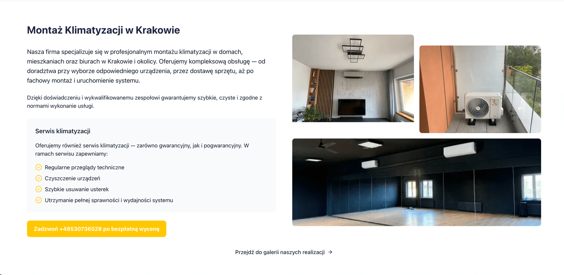 Sekcja montażu klimatyzacji z prawdziwymi zdjęciami realizacji