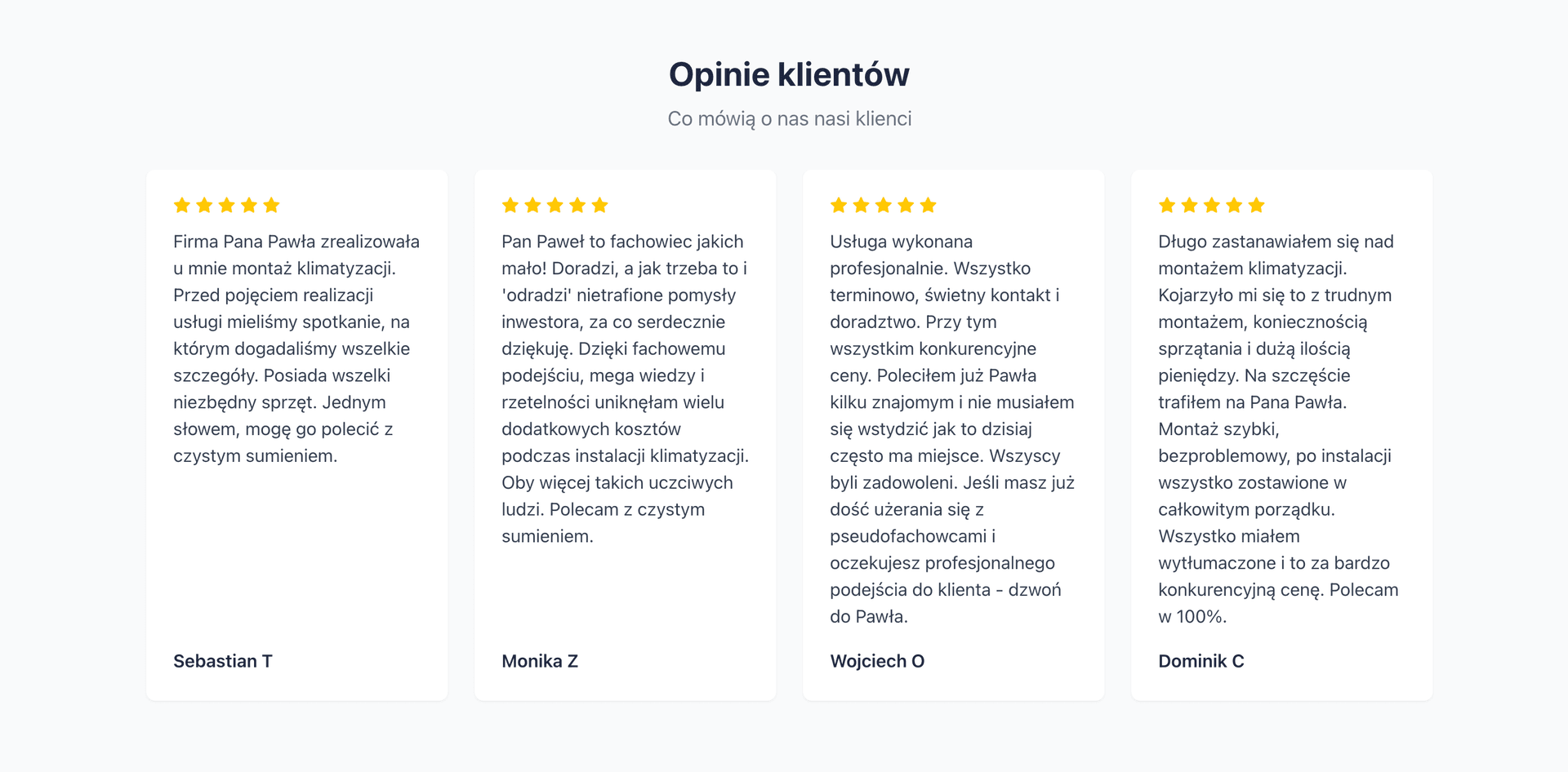 Sekcja opinii klientów – recenzje 5 gwiazdek