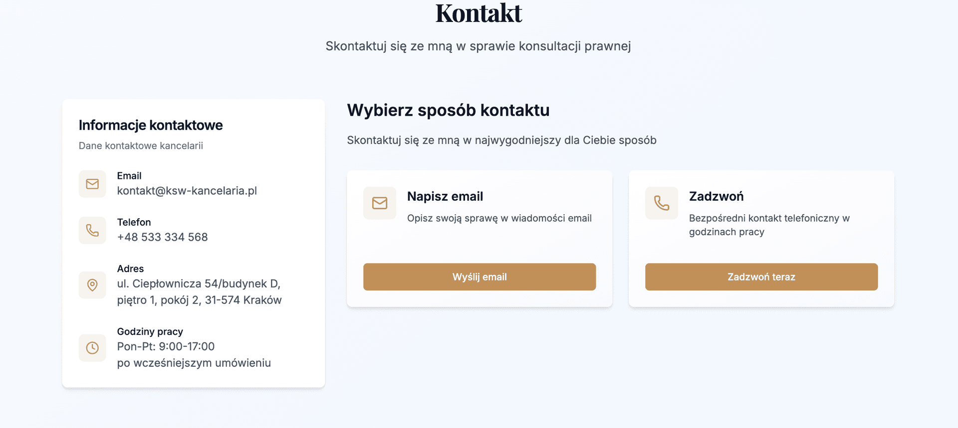 Sekcja Kontakt z danymi i opcjami kontaktu