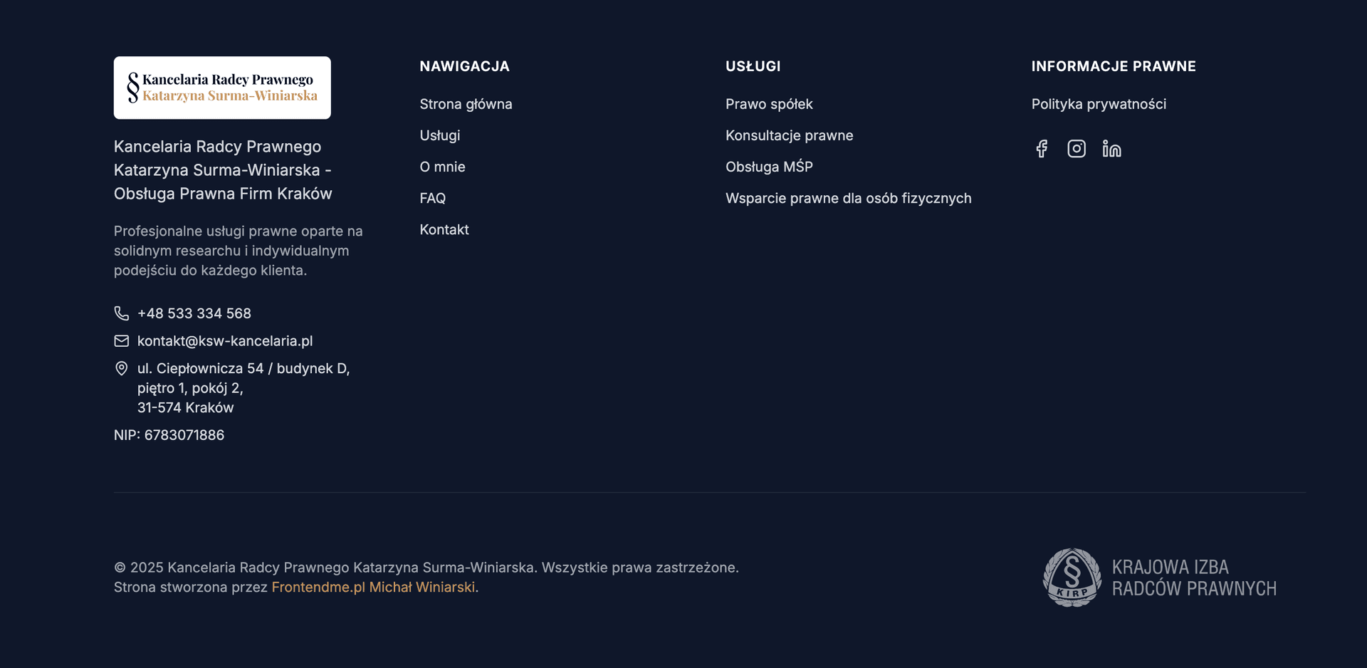 Stopka strony z nawigacją i danymi firmy