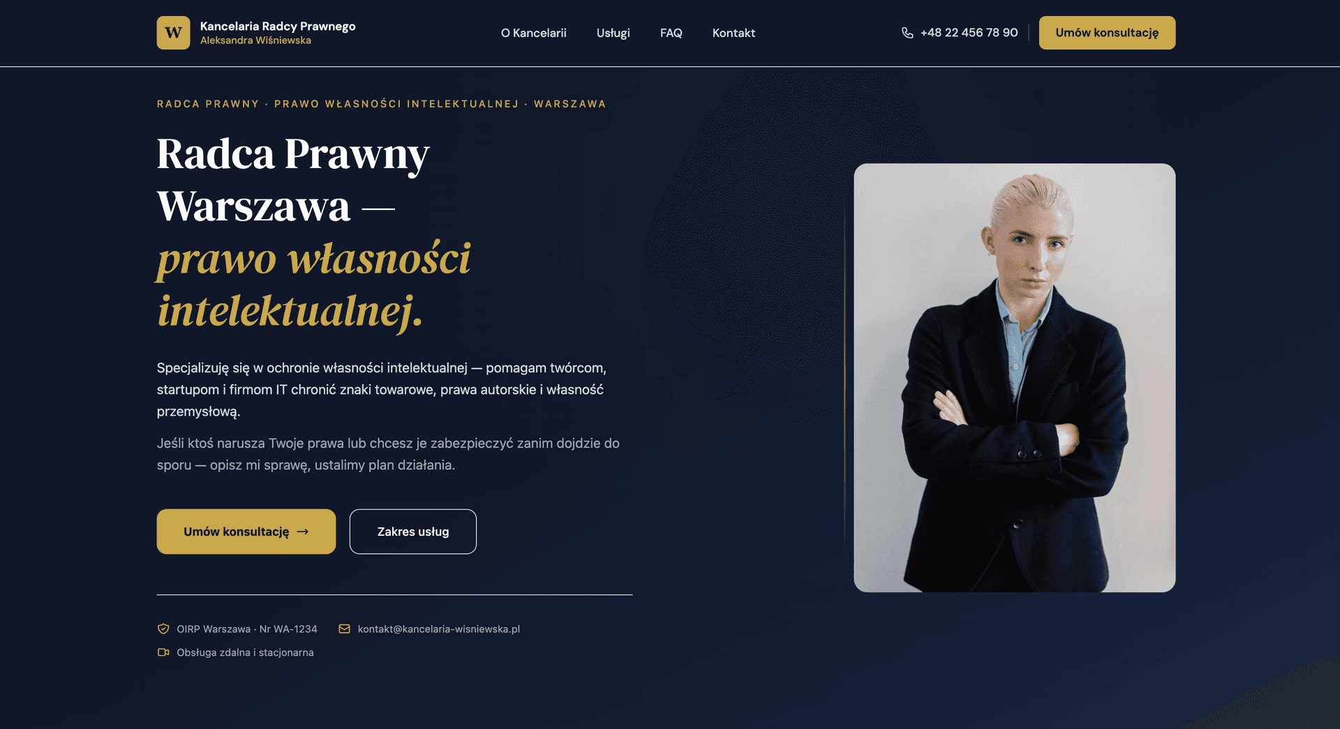 Hero section szablonu kancelarii prawnej – nagłówek i zdjęcie prawnika