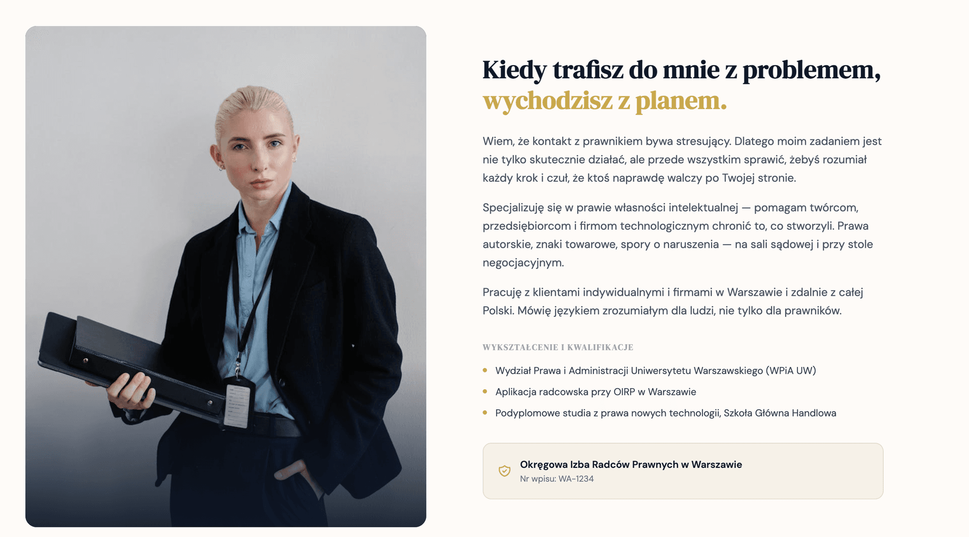 Sekcja O mnie – zdjęcie, bio i kwalifikacje prawnika