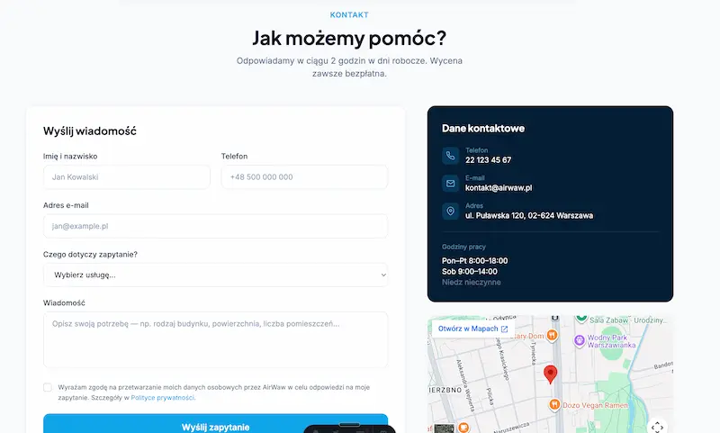 Formularz kontaktowy firmy klimatyzacyjnej z danymi kontaktowymi i mapą