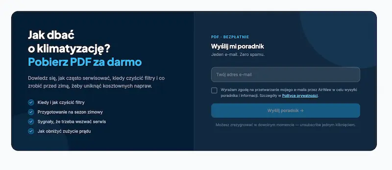 Lead magnet – formularz zapisu na bezpłatny poradnik PDF o klimatyzacji