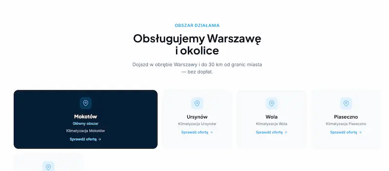 Mapa obszarów obsługiwanych przez firmę klimatyzacyjną – dzielnice i okolice