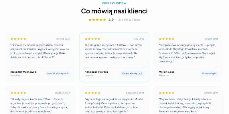 Opinie klientów firmy klimatyzacyjnej – 6 recenzji z ocenami Google