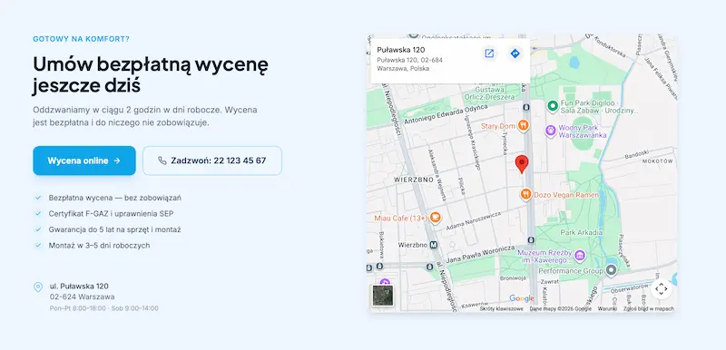 Sekcja CTA z mapą – bezpłatna wycena klimatyzacji z adresem firmy