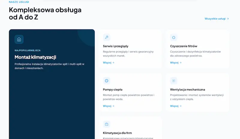 Sekcja usług szablonu firmy klimatyzacyjnej – karty usług z ikonami