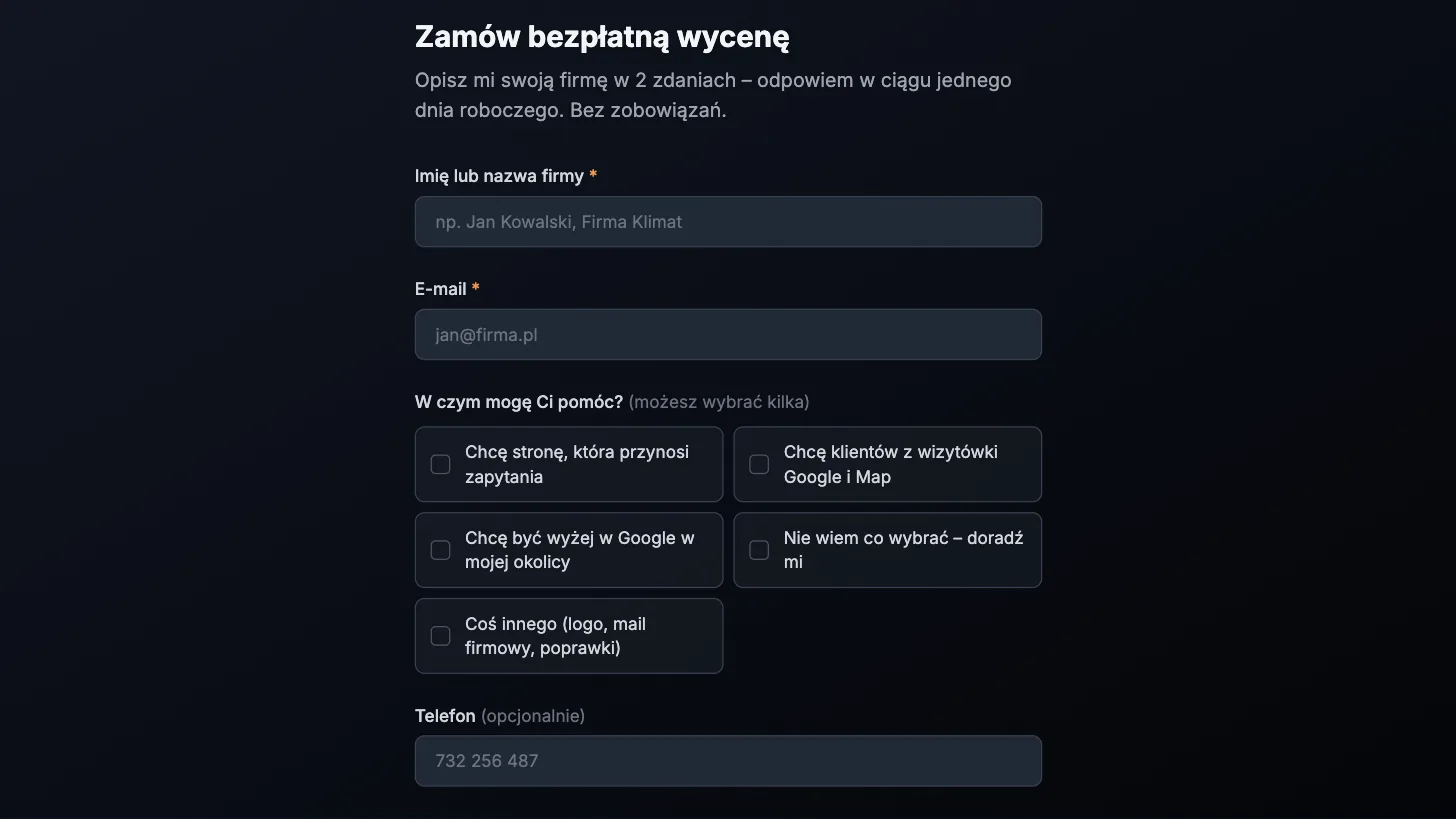Formularz kontaktowy z wyborem usług: strona, wizytówka Google, widoczność w okolicy