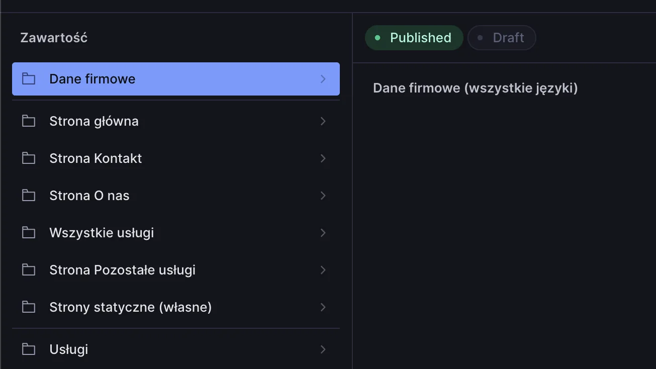 Panel edycji treści strony: dane firmowe, strona główna, kontakt, usługi