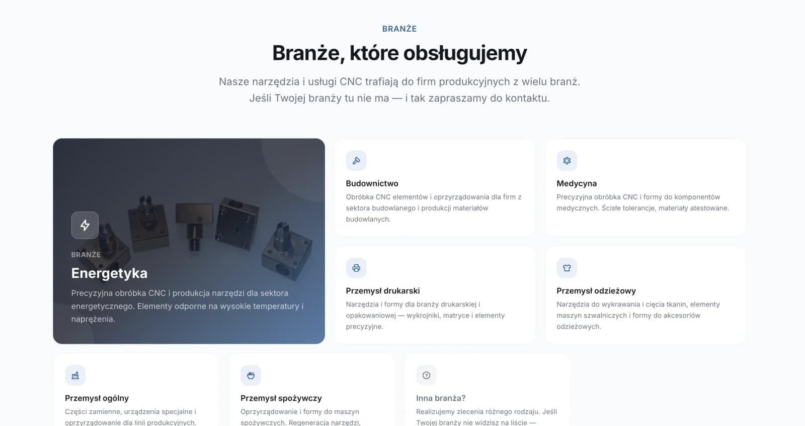 Sekcja „Branże, które obsługujemy” z kafelkami energetyki, medycyny i przemysłu