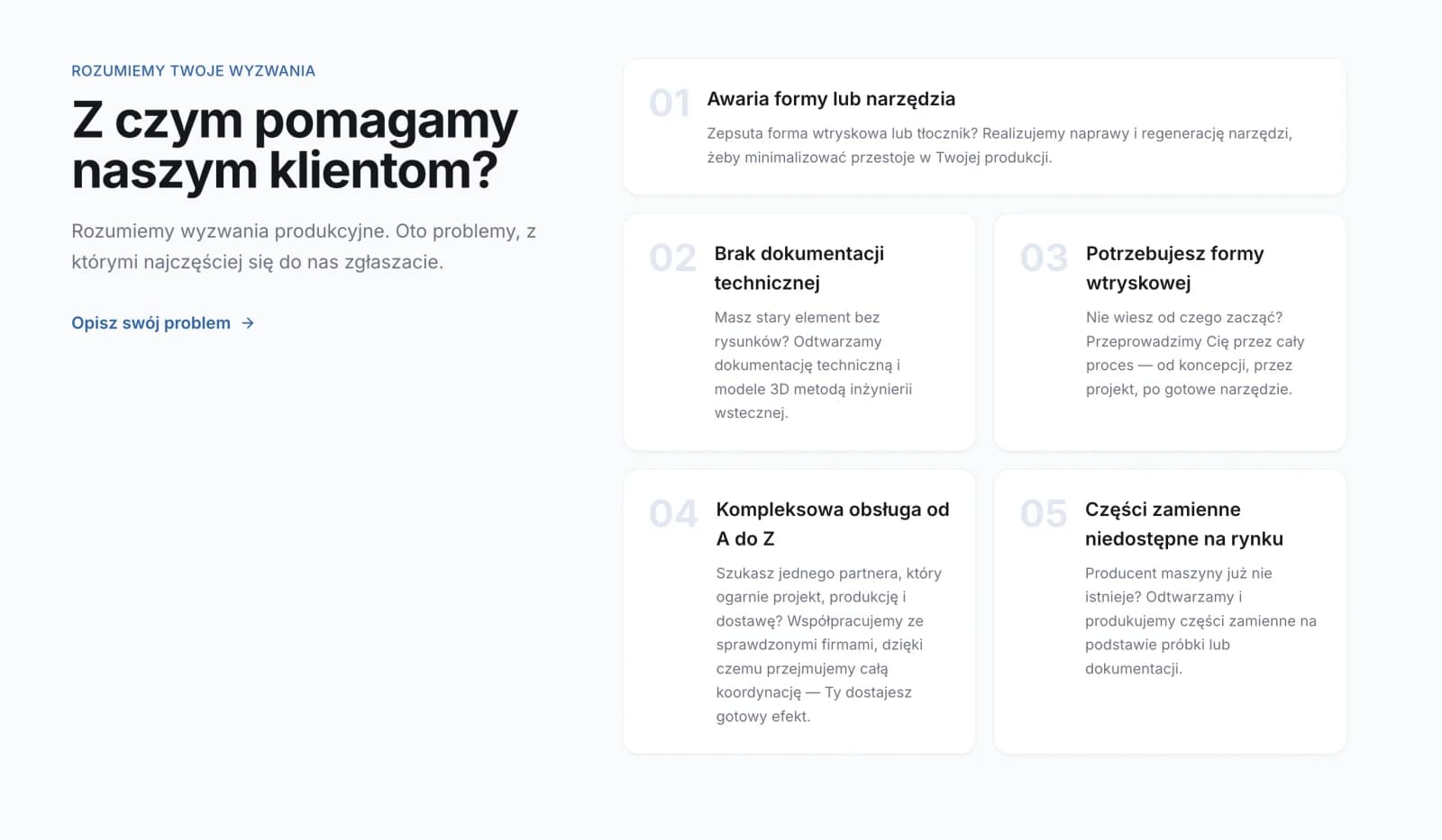 Sekcja „Z czym pomagamy naszym klientom?” z pięcioma problemami produkcyjnymi